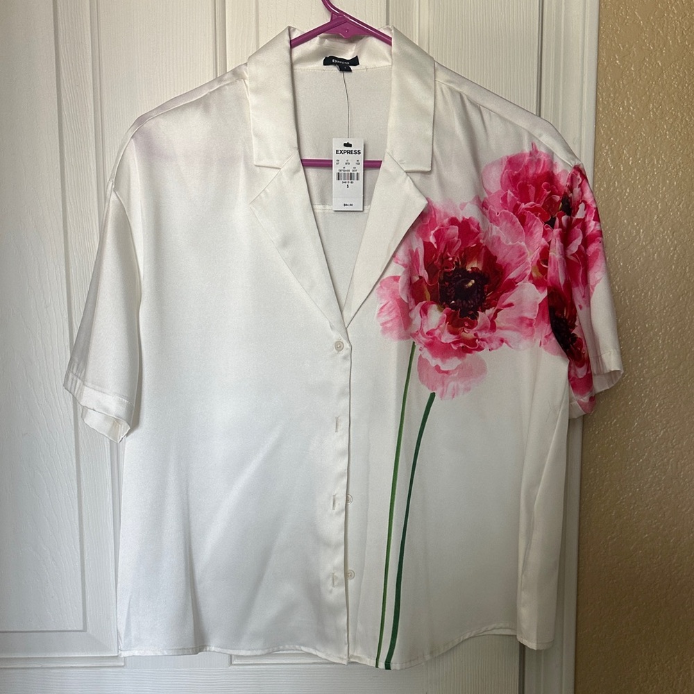Express White Shirt with Pink Floral Design